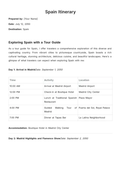 Free Spain Trip Itinerary Template to Edit Online