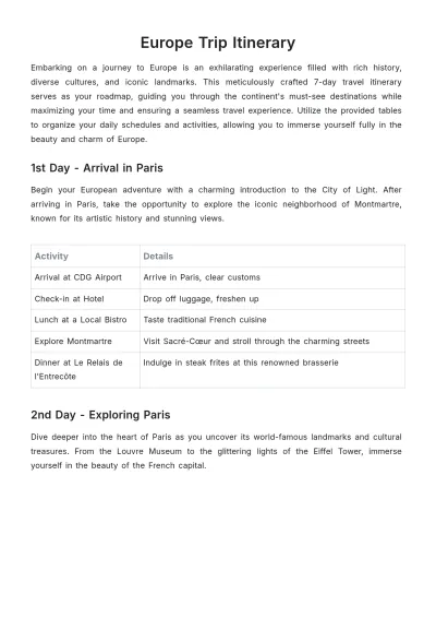 Free Europe Trip Itinerary Template to Edit Online