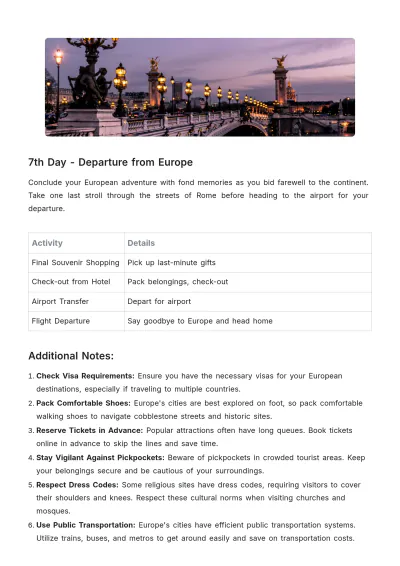 Free Europe Trip Itinerary Template to Edit Online