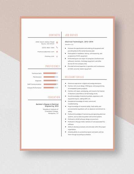 Electrical Technologist Resume Template
