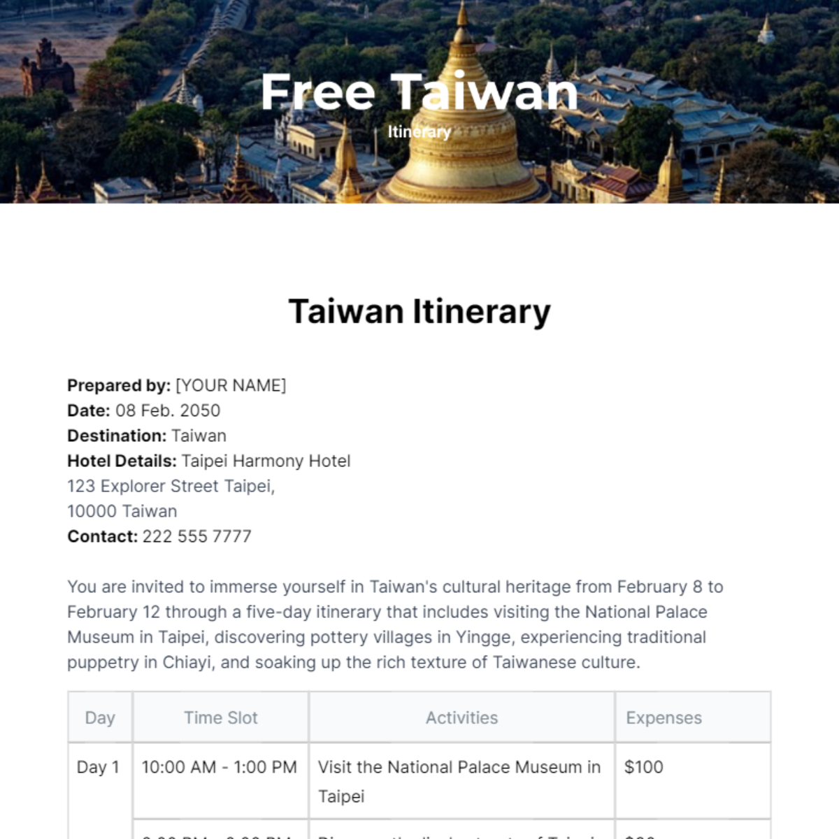 Taiwan Itinerary Template