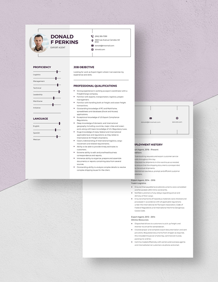 Export Agent Resume Template - Word (DOC) | Apple (MAC) Pages.