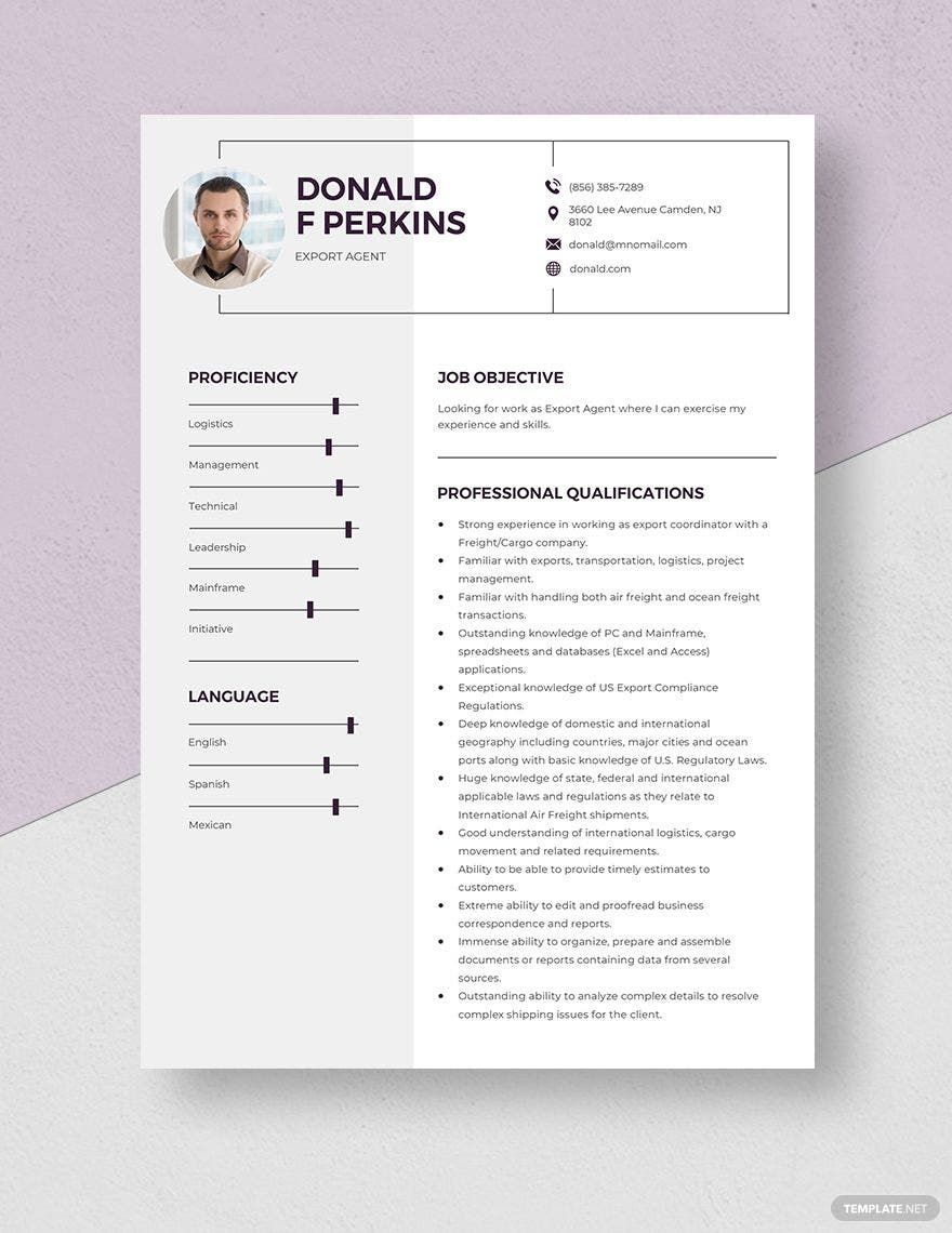 Free Export Agent Resume in Word, Apple Pages