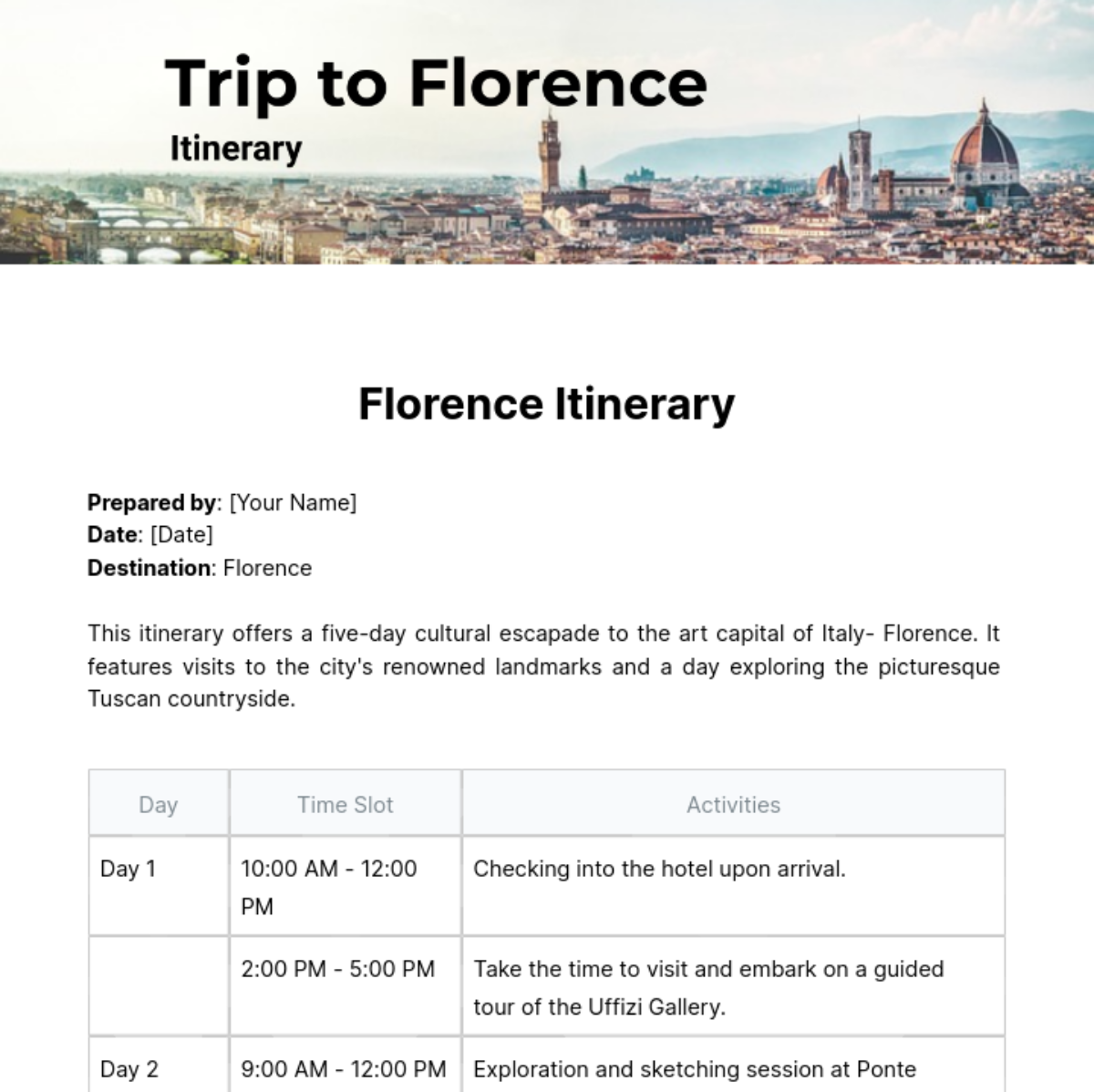 Florence Itinerary Template