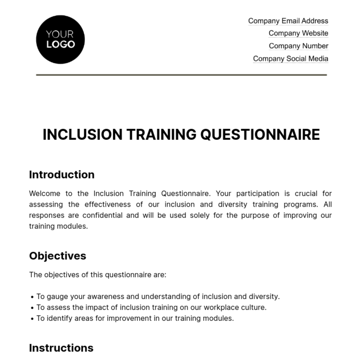 Inclusion Training Questionnaire HR Template