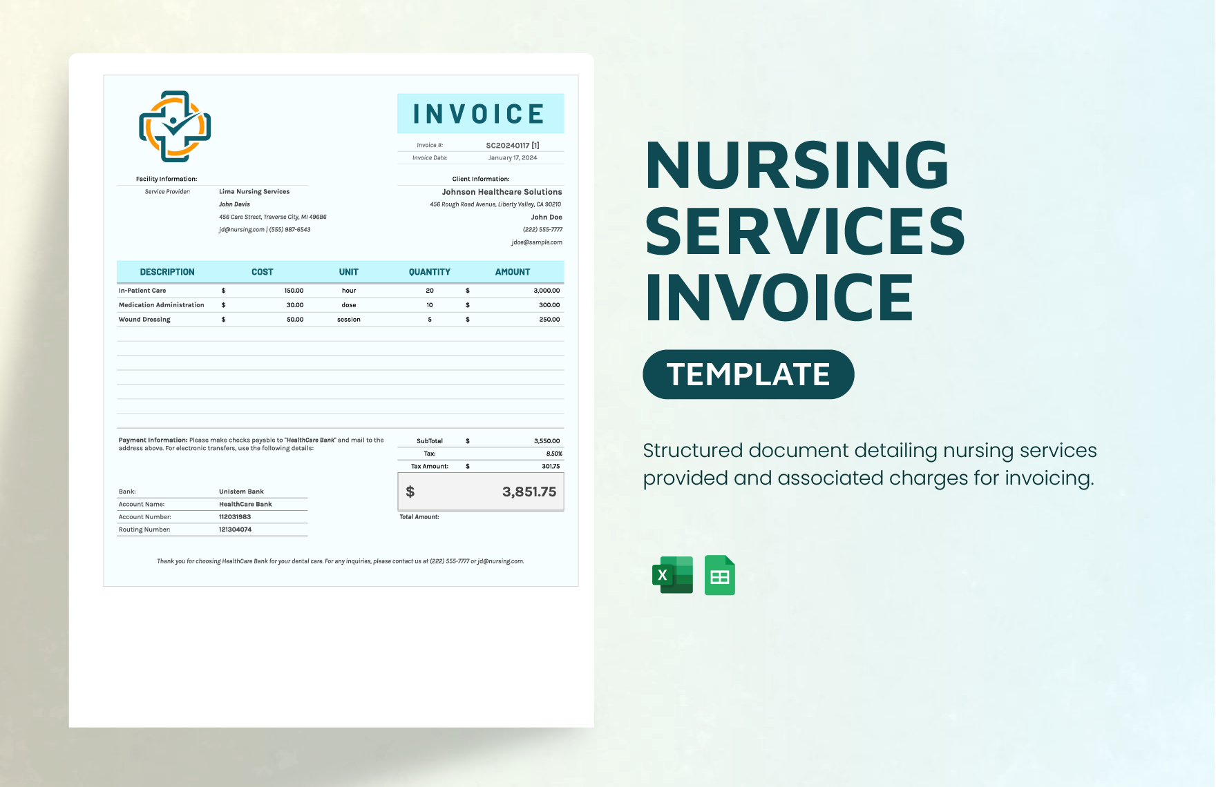 Nursing Services Invoice Template in Excel, Google Sheets