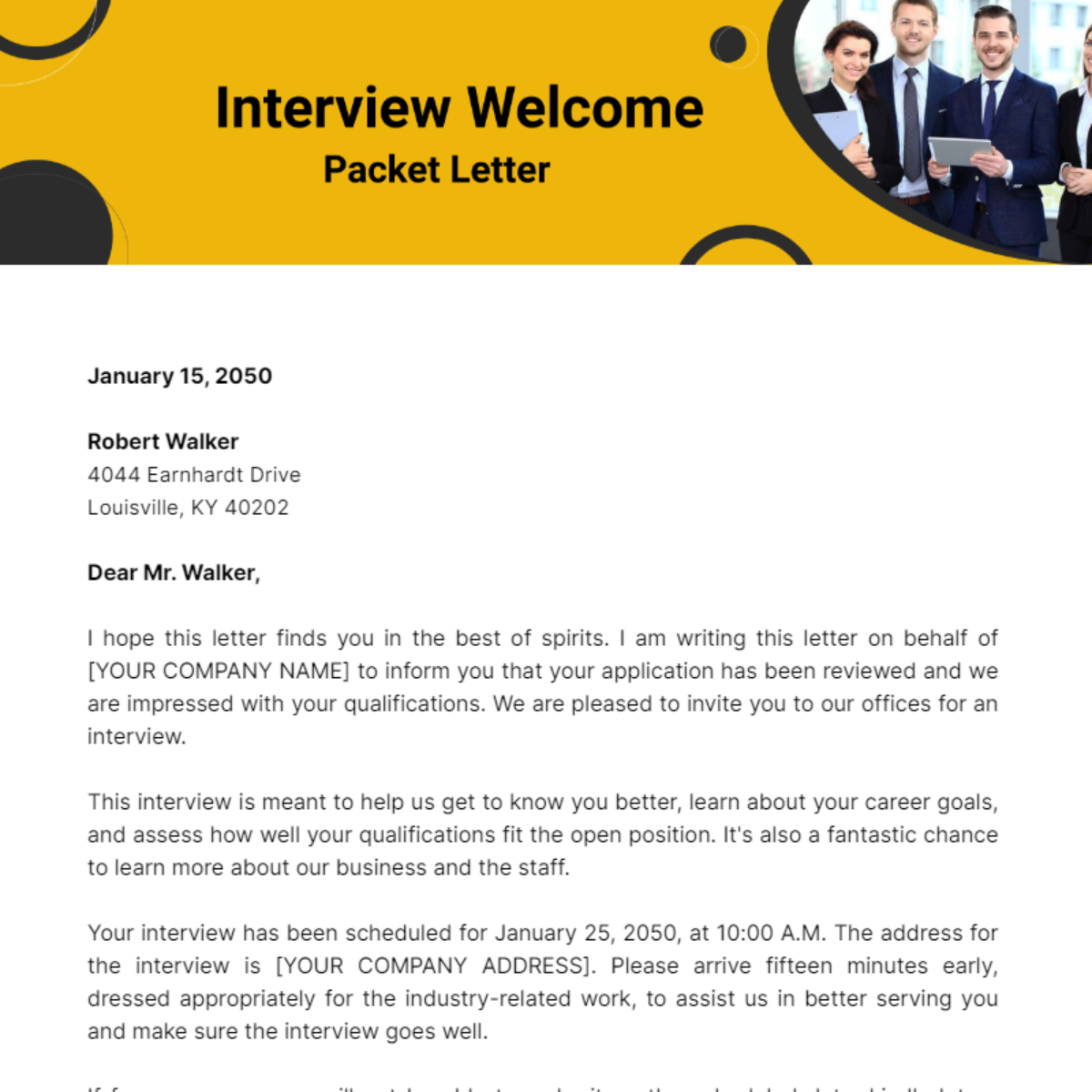Interview Welcome Packet Letter Template