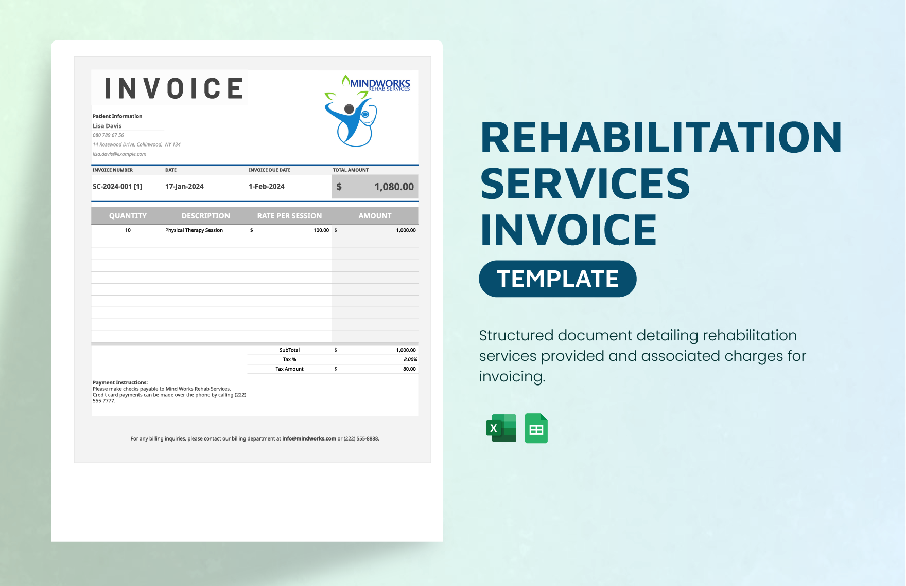 Rehabilitation Services Invoice Template in Excel, Google Sheets - Download | Template.net