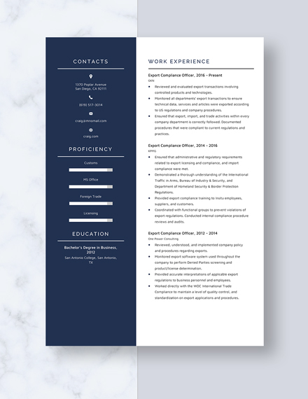 Export Compliance Officer Resume/CV Template - Word (DOC) | Apple (MAC) Pages