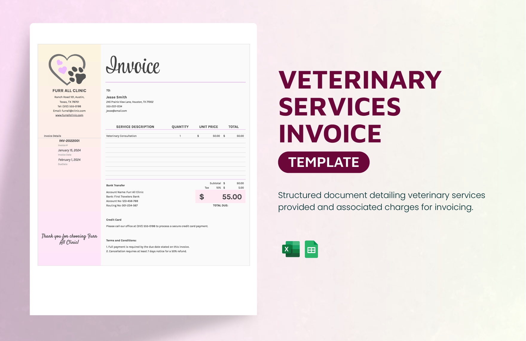 Veterinary Services Invoice Template in Excel, Google Sheets - Download | Template.net