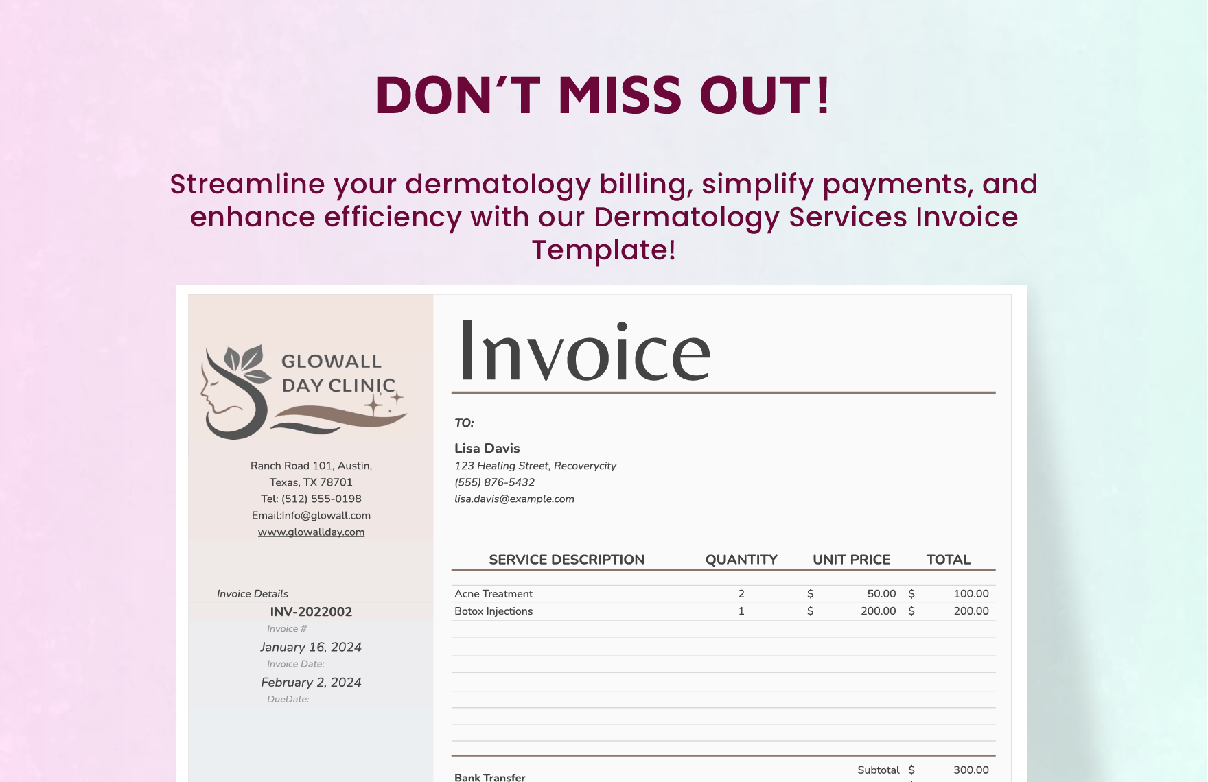 Dermatology Services Invoice Template