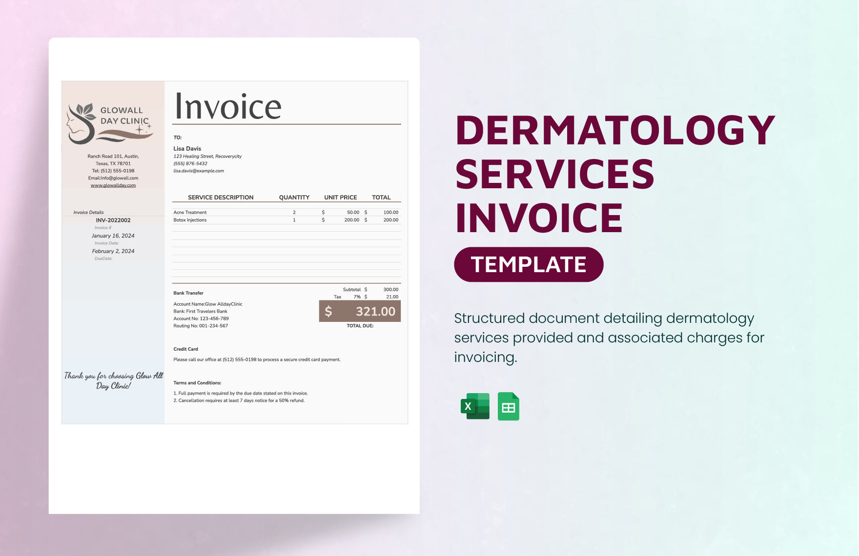 Dermatology Services Invoice Template in Excel, Google Sheets