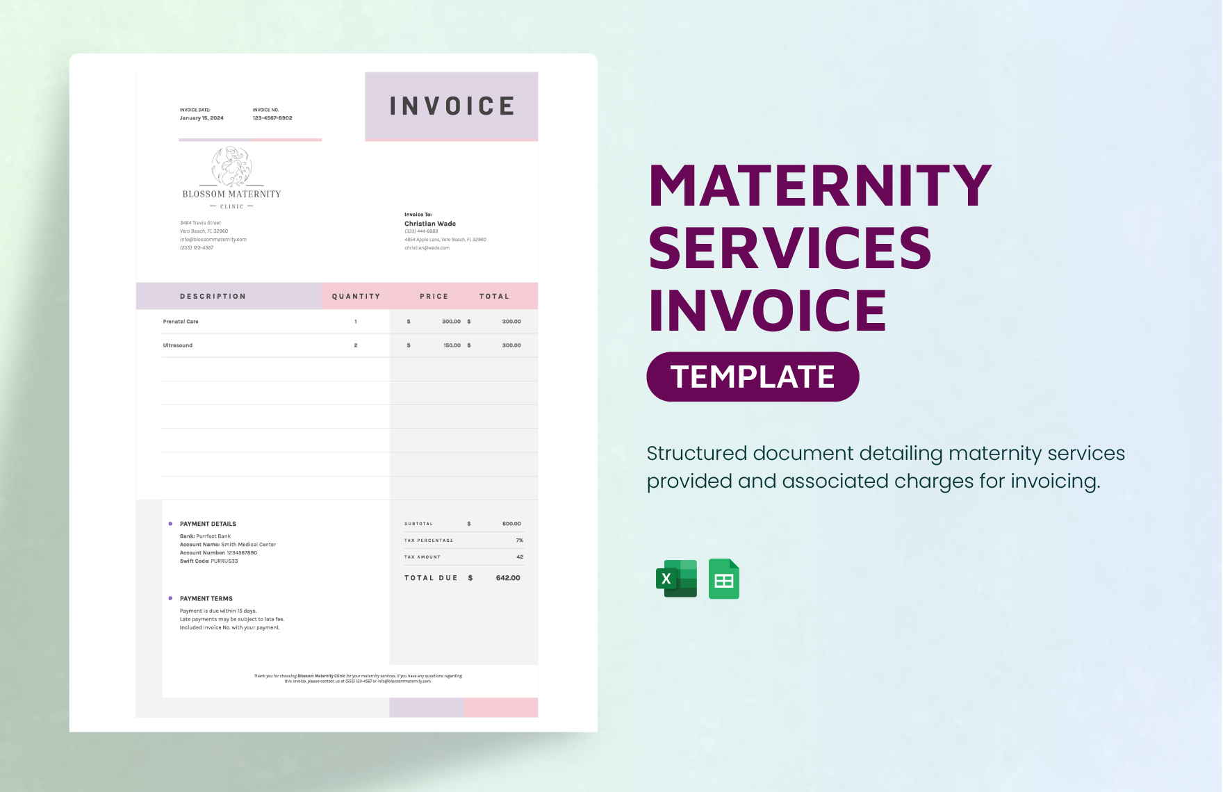 Maternity Services Invoice Template in Excel, Google Sheets - Download | Template.net