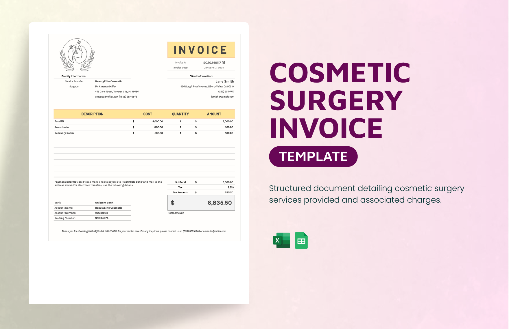 Cosmetic Surgery Invoice Template in Excel, Google Sheets - Download | Template.net