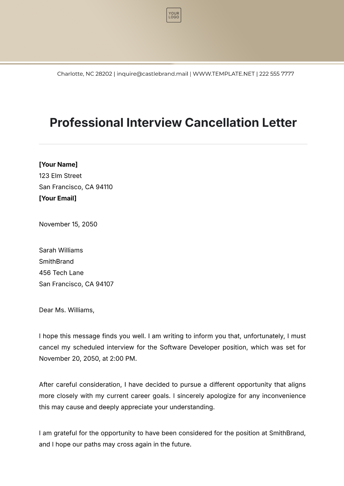 Professional Interview Cancellation Letter Template - Edit Online & Download