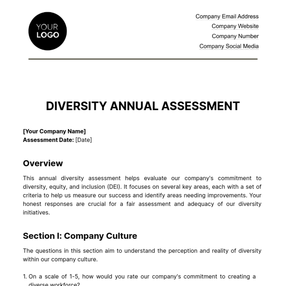 Diversity Annual Assessment HR Template - Edit Online & Download