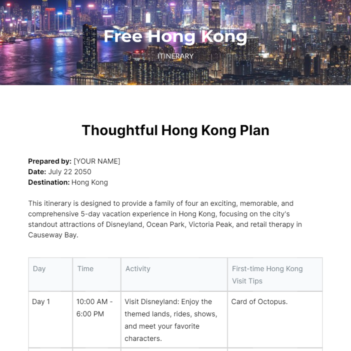 Hong Kong Itinerary Template - Edit Online & Download Example