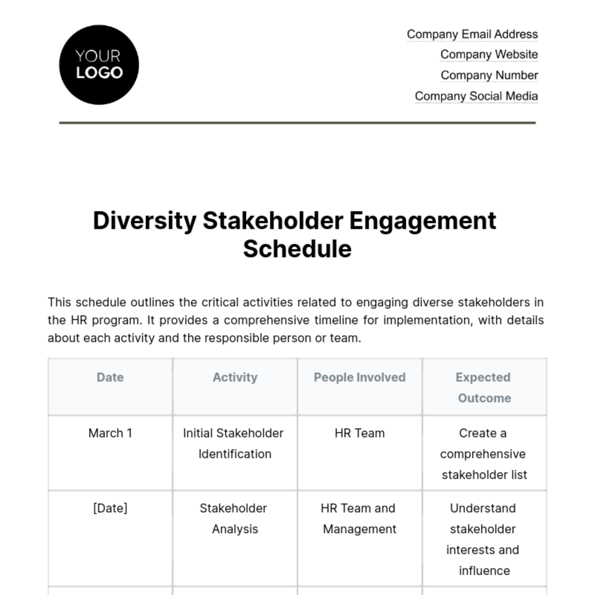 Free Diversity Stakeholder Engagement Schedule HR Template