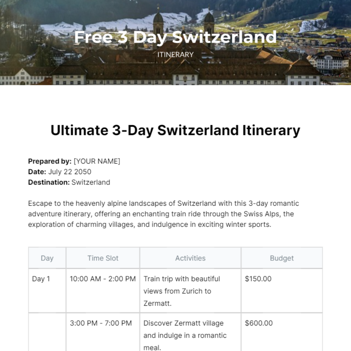 3 Day Switzerland Itinerary Template - Edit Online & Download Example ...