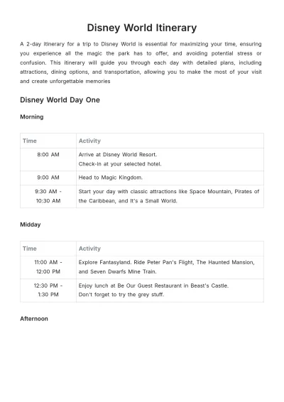 Free Disney World Itinerary Template to Edit Online