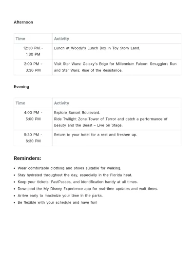 Free Disney World Itinerary Template to Edit Online