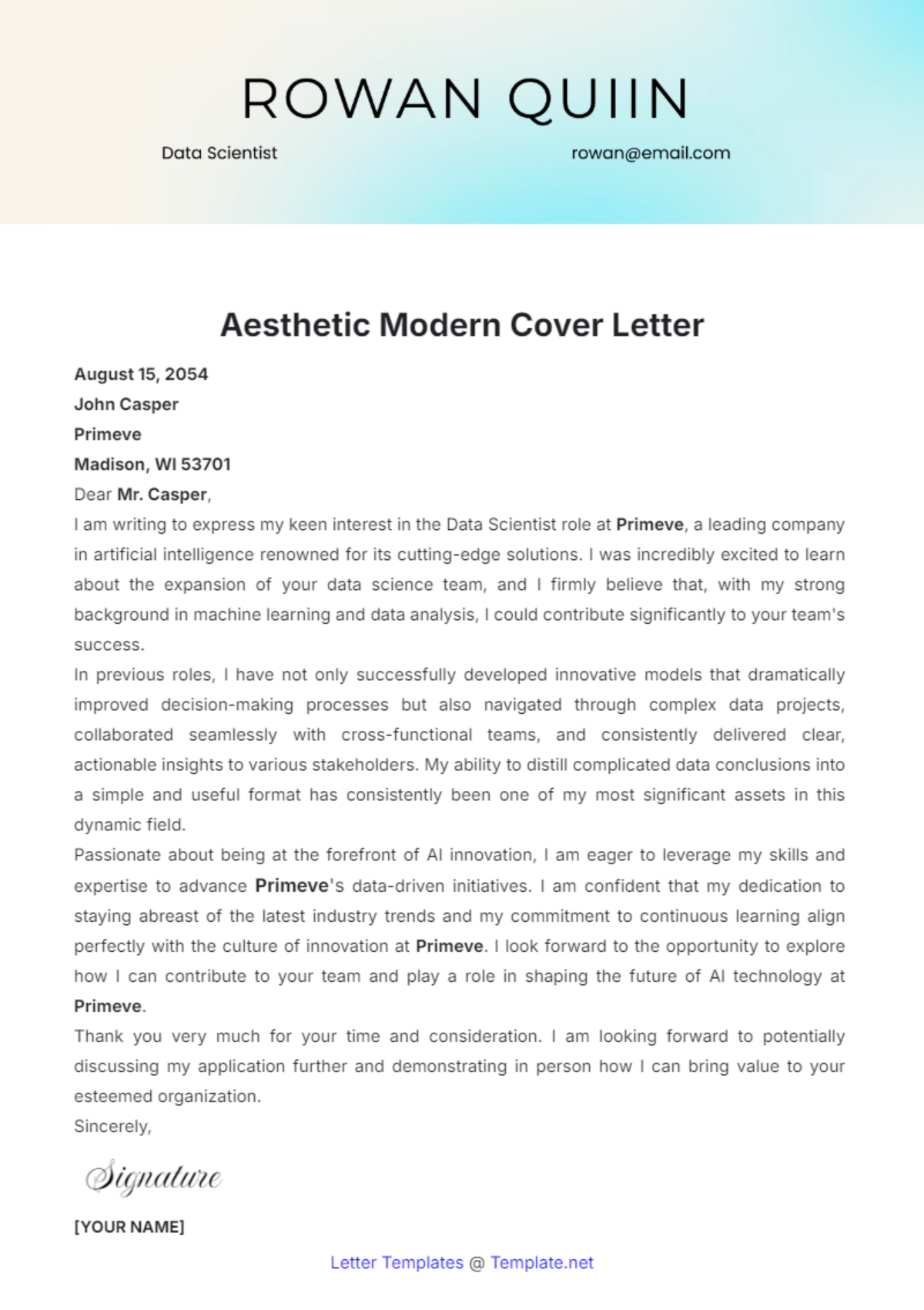 Aesthetic Modern Cover Letter Template - Edit Online & Download