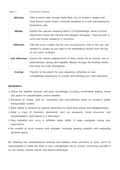 Free 7 Day London Itinerary Template to Edit Online