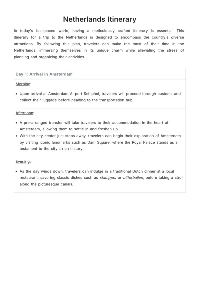 Free Netherlands Itinerary Template to Edit Online