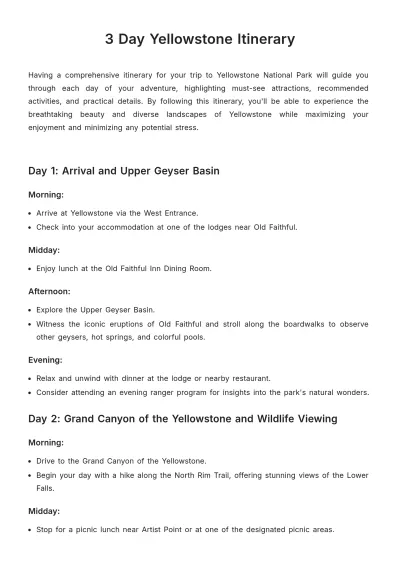 Free 3 Day Yellowstone Itinerary Template to Edit Online