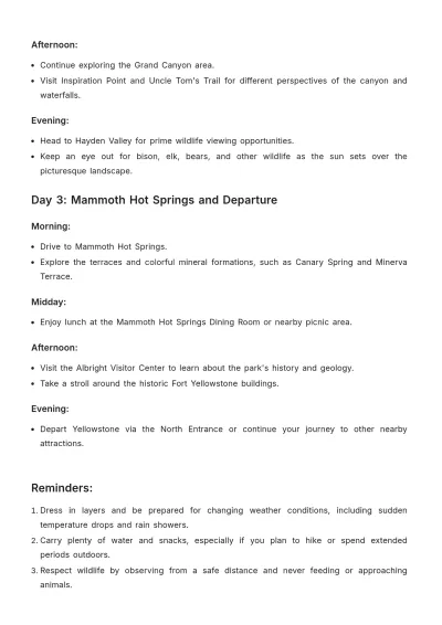 Free 3 Day Yellowstone Itinerary Template to Edit Online