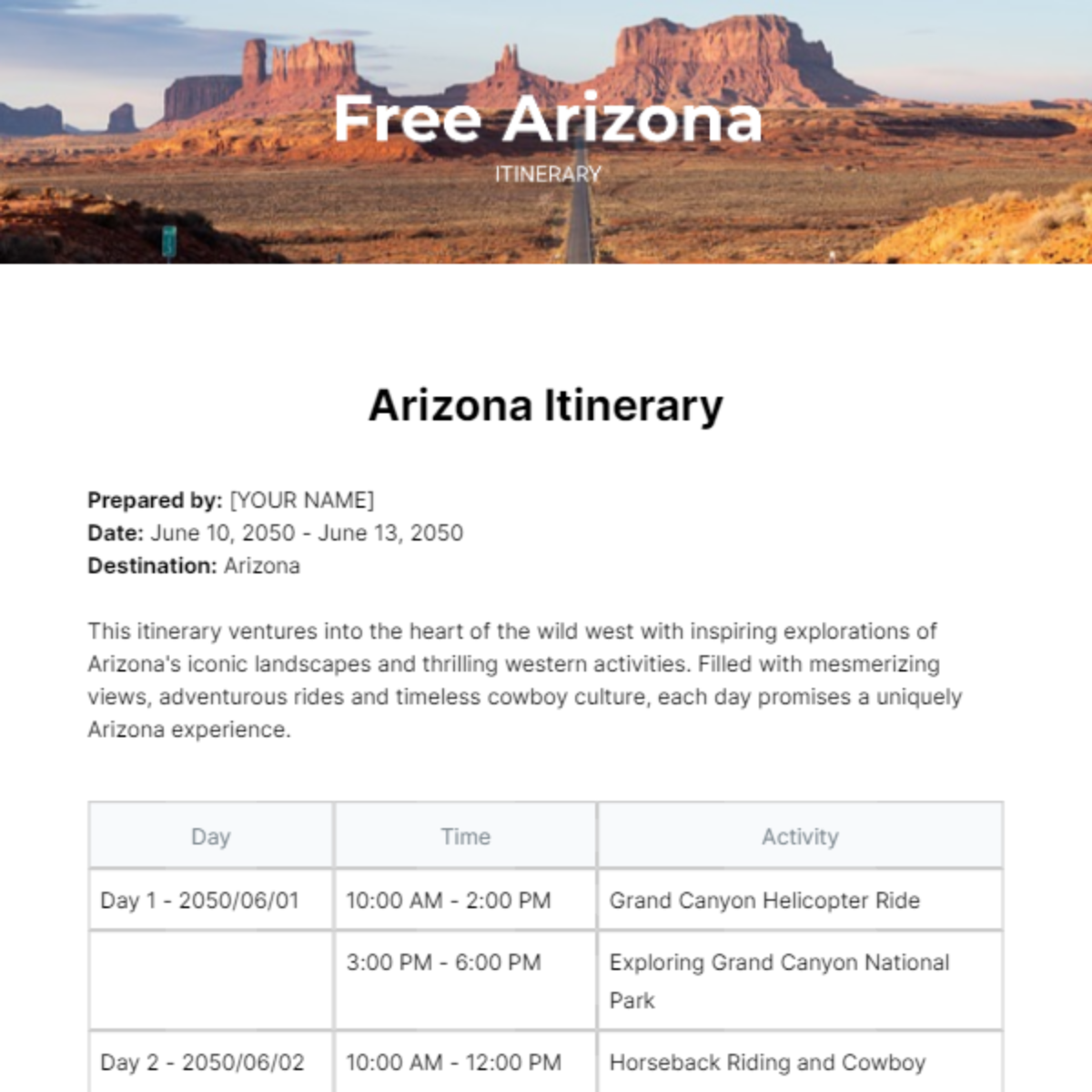 Arizona Itinerary Template - Edit Online & Download Example | Template.net