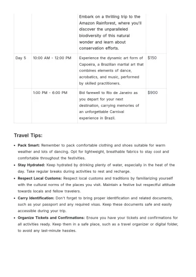 Free Brazil Itinerary Template to Edit Online