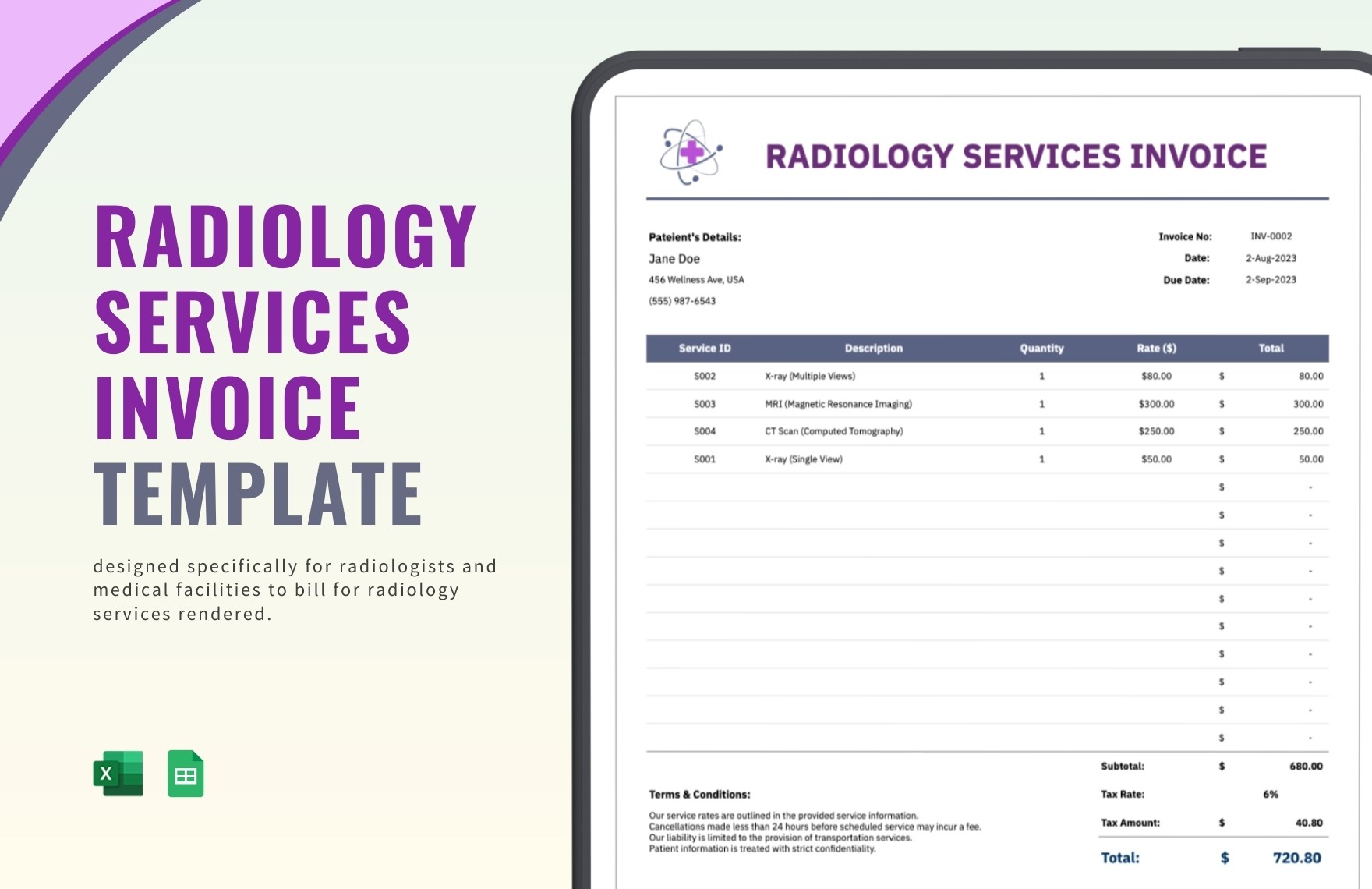 Radiology Services Invoice Template in Excel, Google Sheets