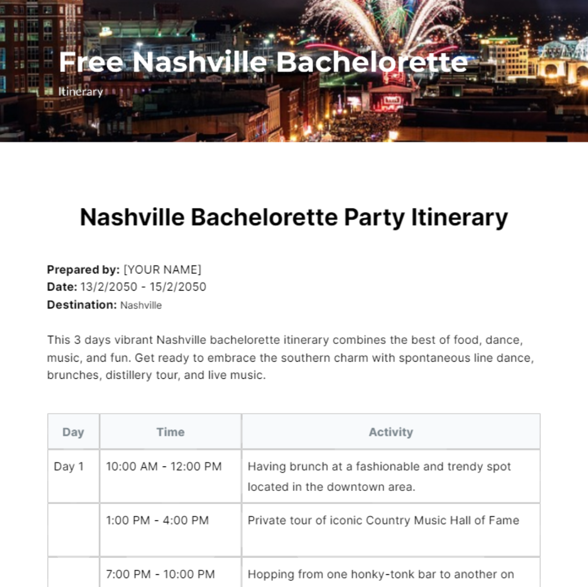 Nashville Bachelorette Itinerary Template Edit Online Download