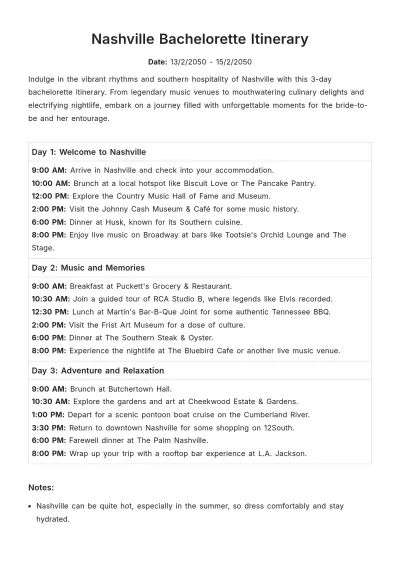 Free Nashville Bachelorette Itinerary Template to Edit Online