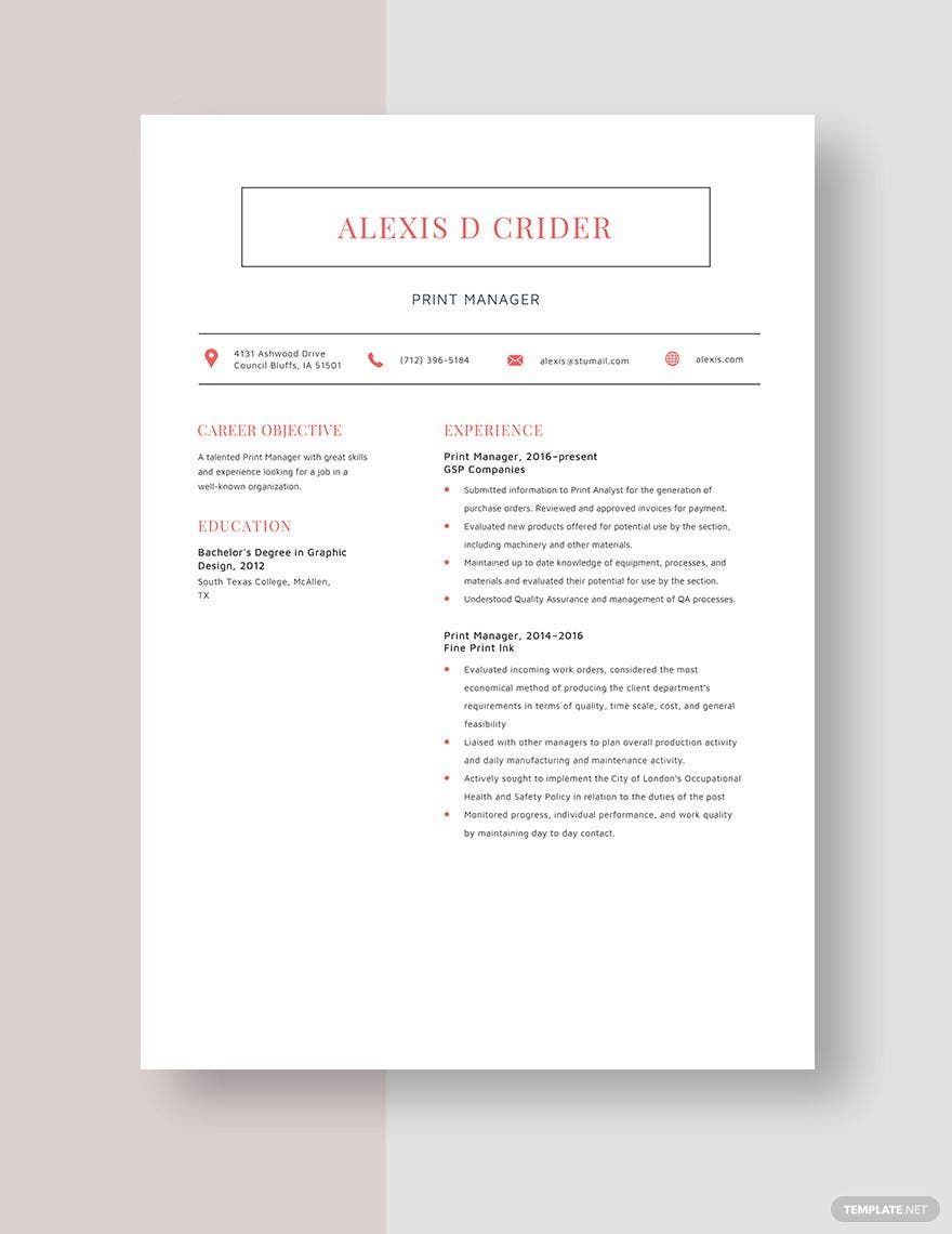 Print Manager Resume in Word, Apple Pages