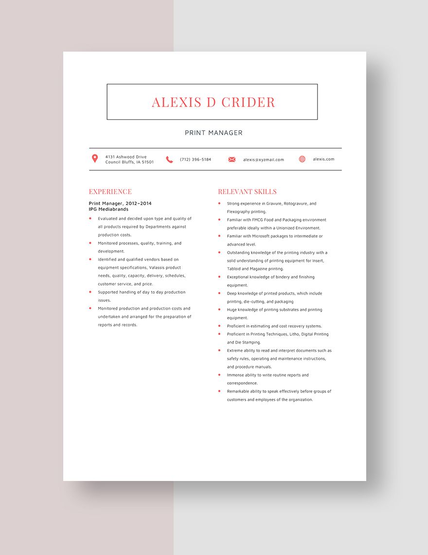Print Manager Resume