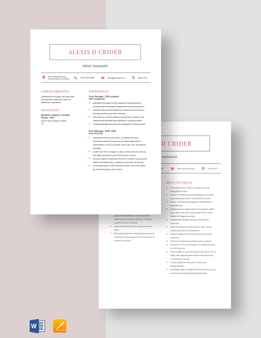 Print Manager Resume