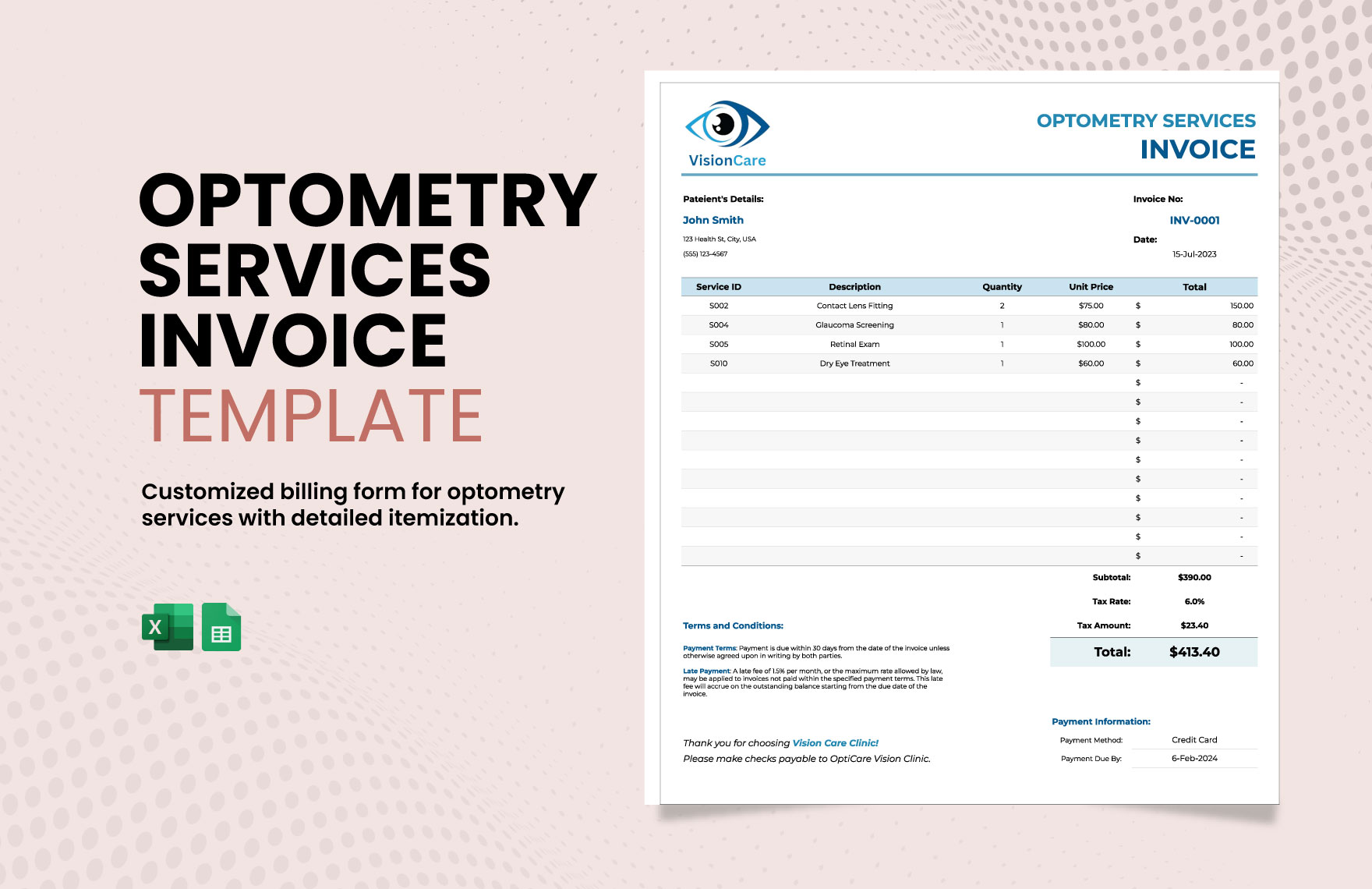 Optometry Services Invoice Template in Excel, Google Sheets