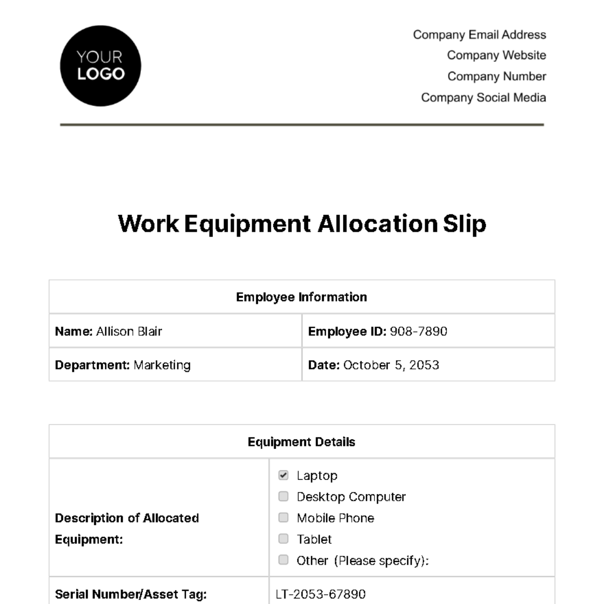 Work Equipment Allocation Slip HR Template