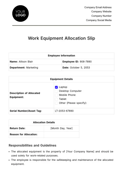 Free Work Equipment Allocation Slip HR Template to Edit Online