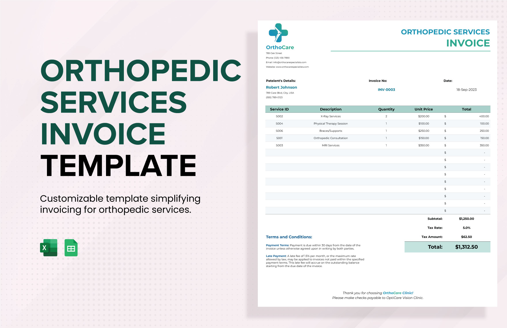 Orthopedic Services Invoice Template in Excel, Google Sheets