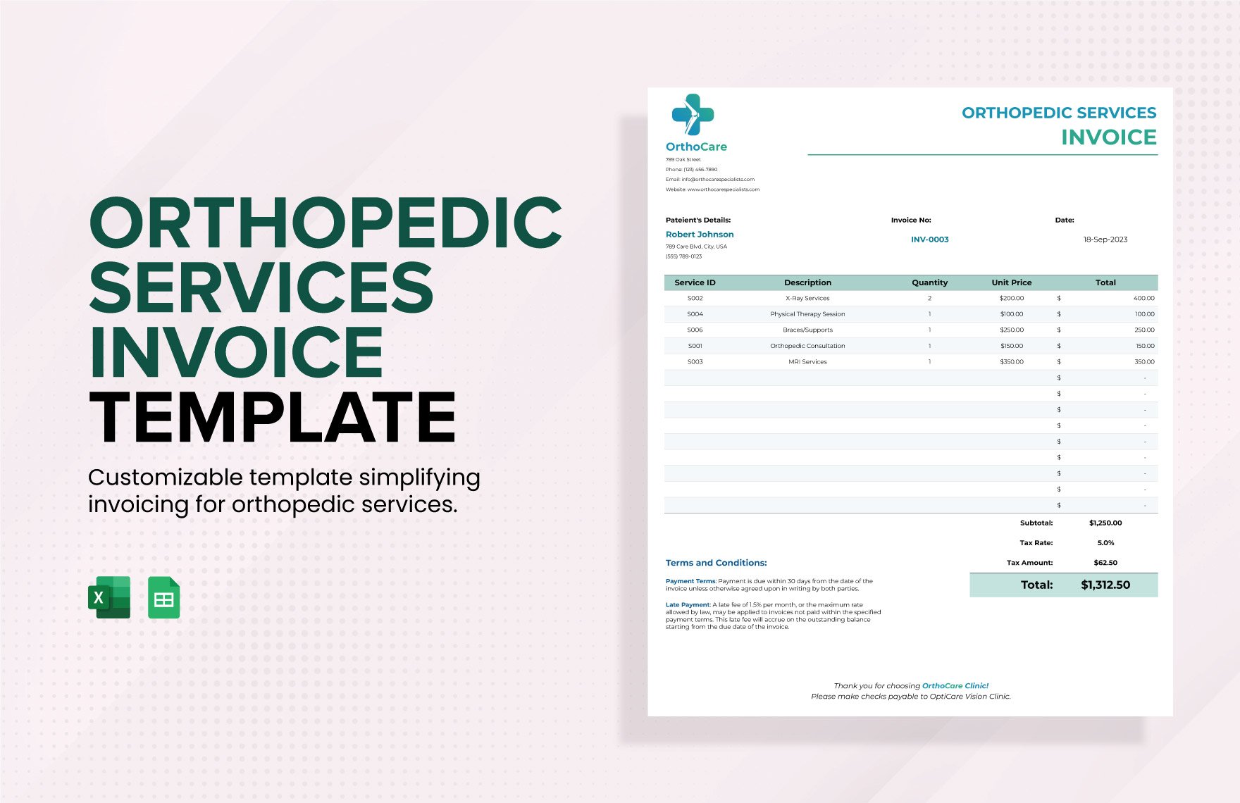 Orthopedic Services Invoice Template in Excel, Google Sheets - Download | Template.net