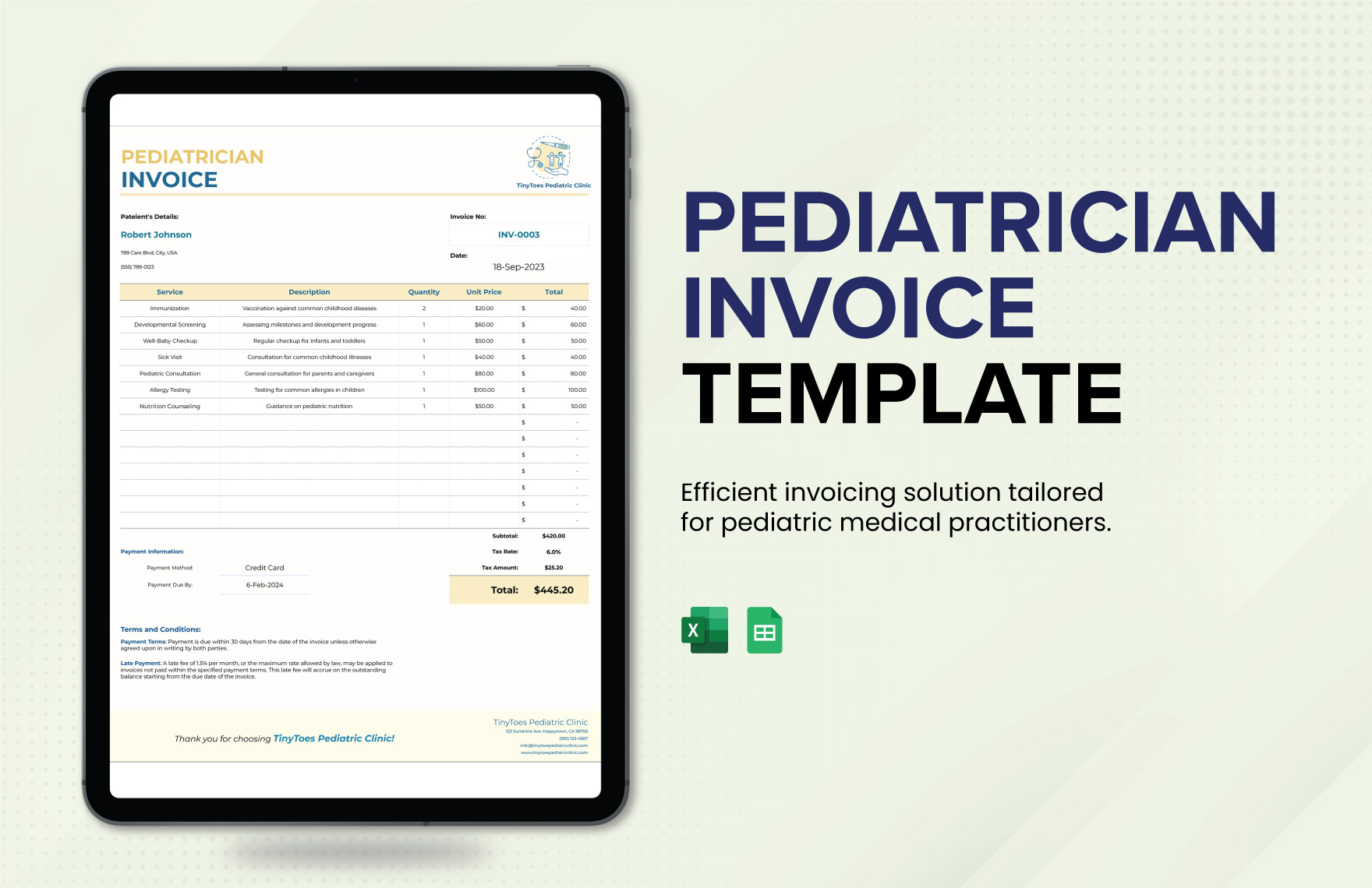 Pediatrician Invoice Template in Excel, Google Sheets