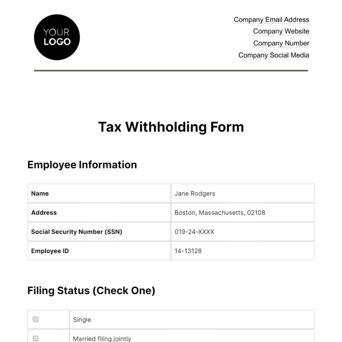 Free Tax Withholding Form HR Template