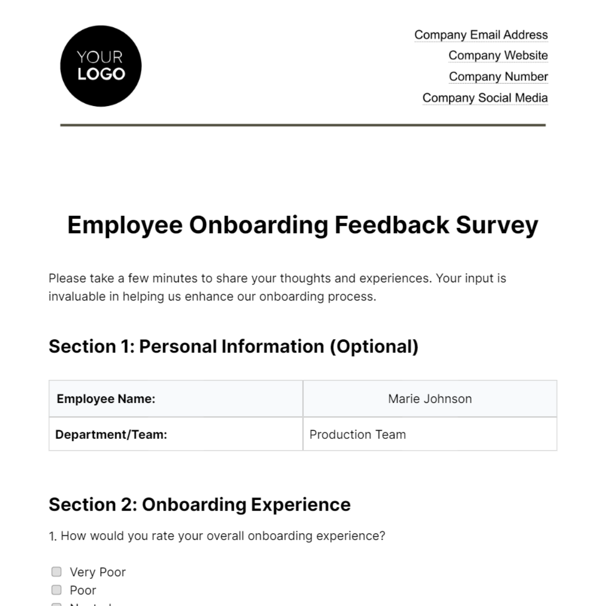 Employee Onboarding Feedback Survey HR Template