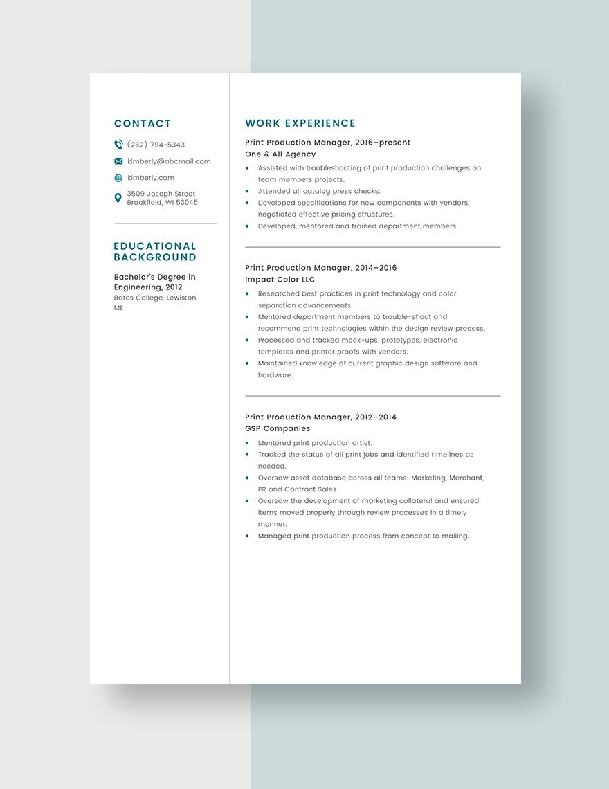 Print Production Manager Resume