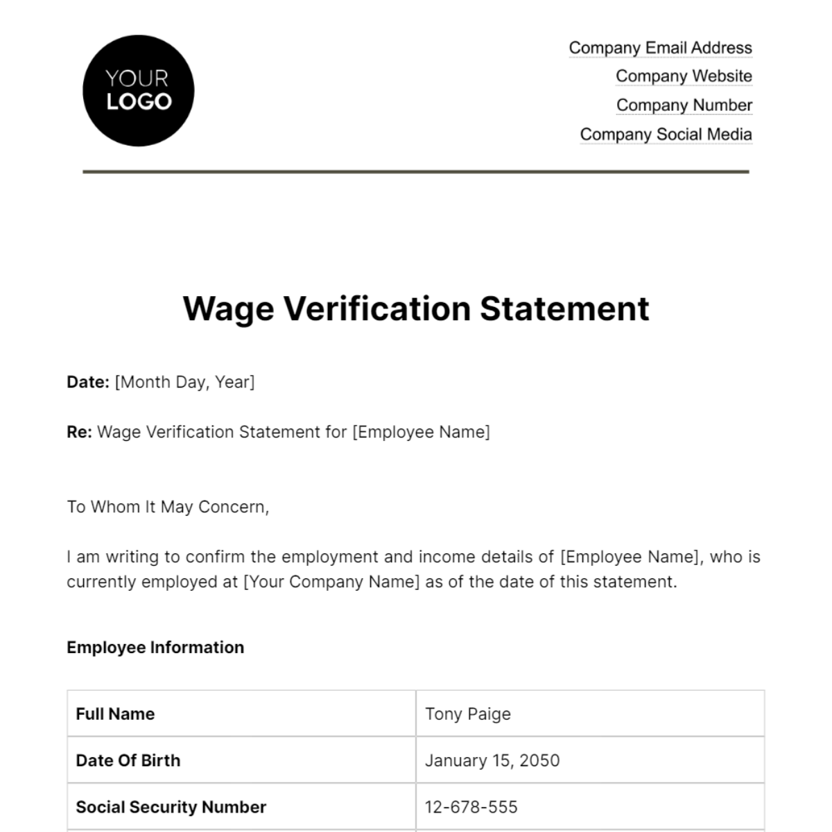 Wage Verification Statement HR Template
