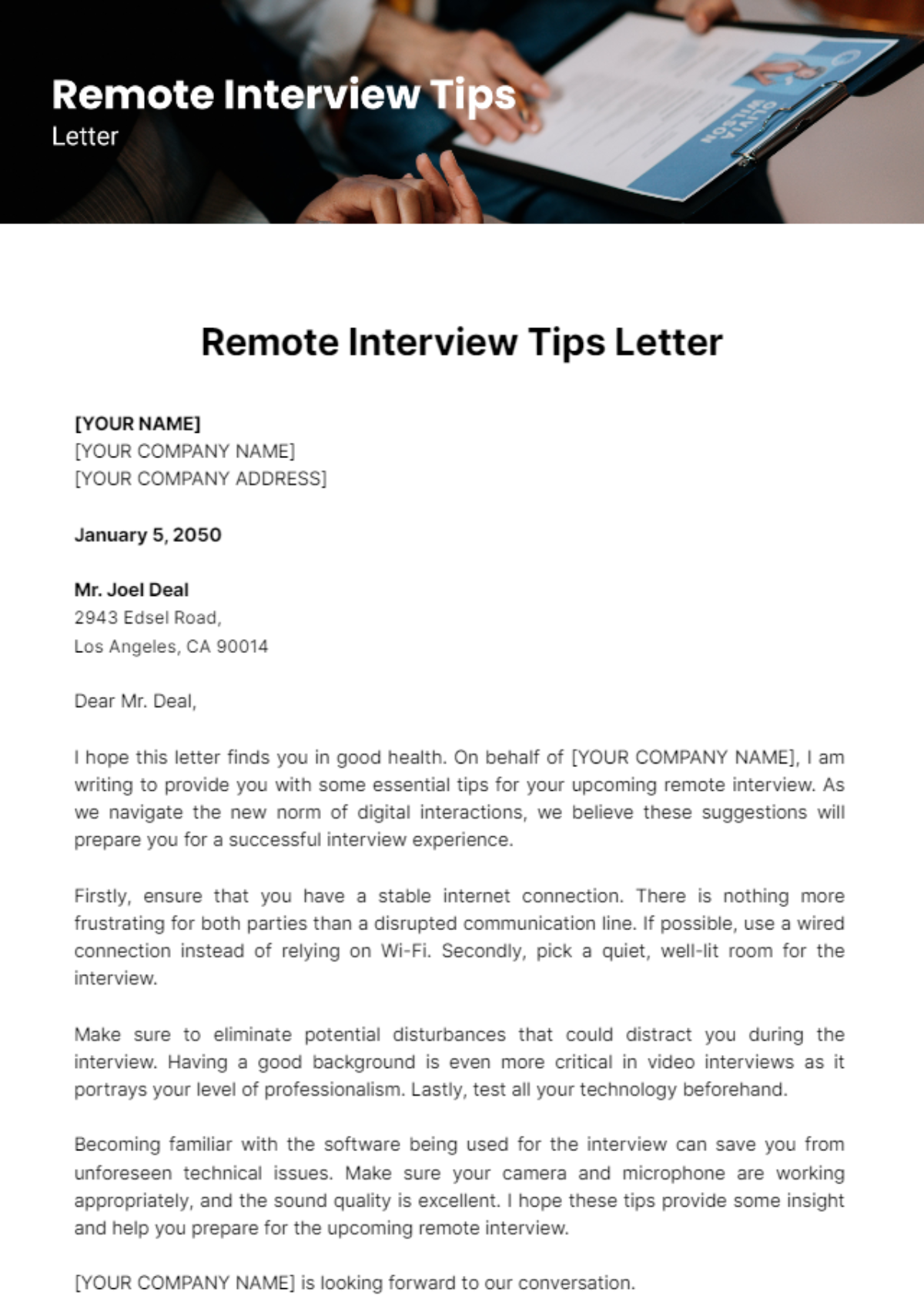 Remote Interview Tips Letter Template