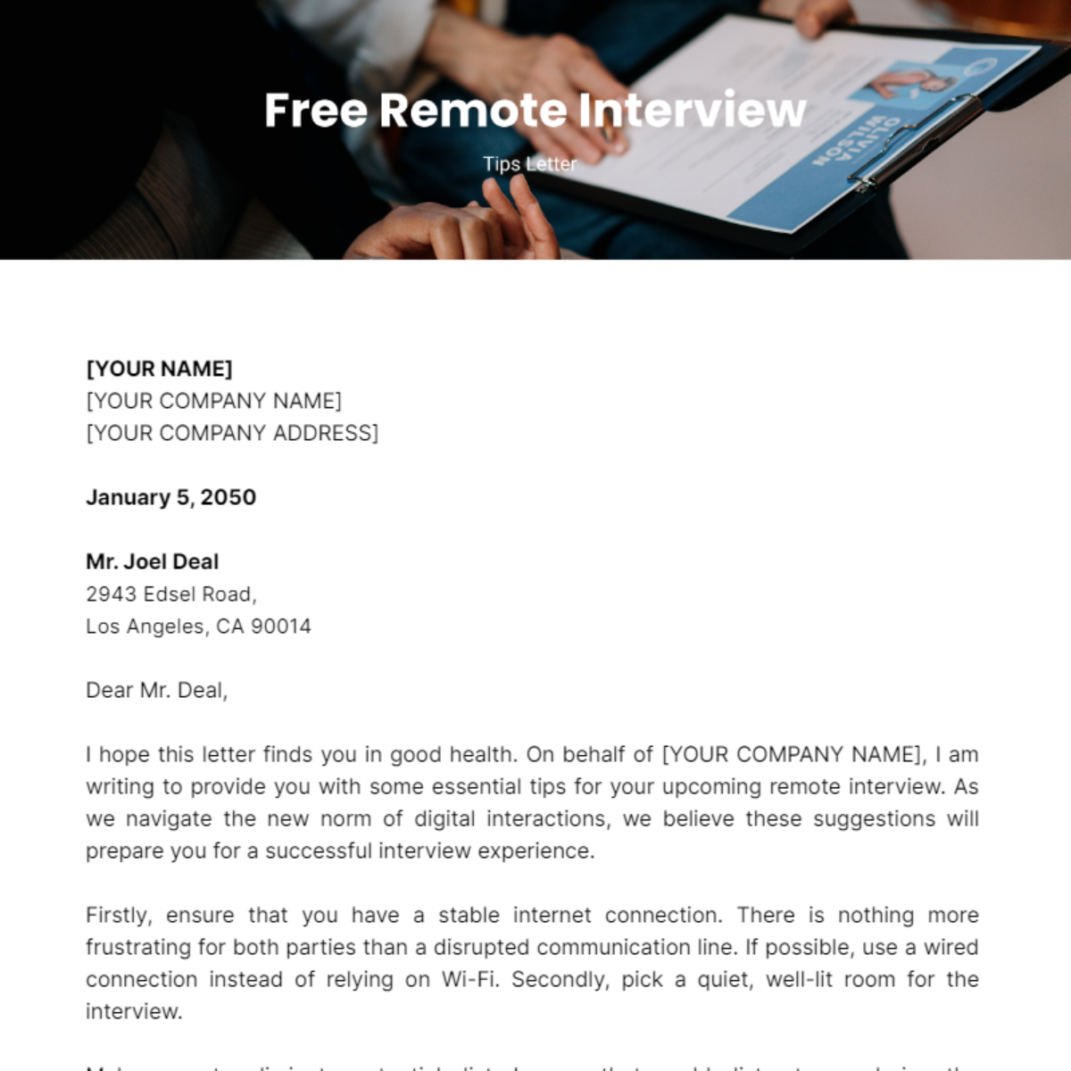 Remote Interview Tips Letter Template - Edit Online & Download